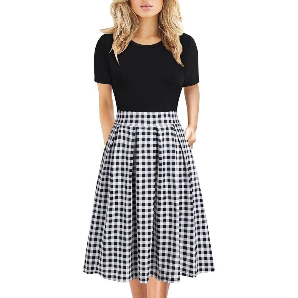 Women's Black Plaid Elegant Knee Length Vintage A-Line Swing Dress with Pocket